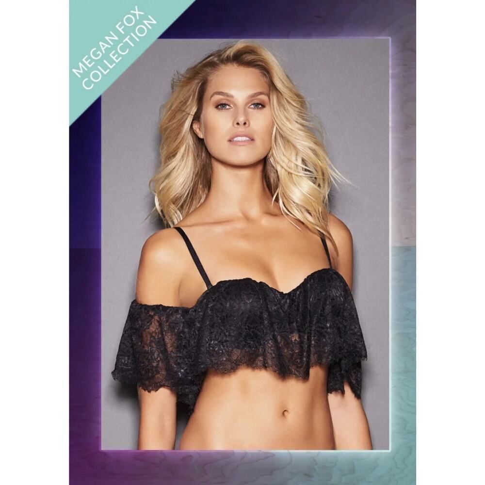 NWT Frederick's of Hollywood x Megan Fox Black lona Lace Ruffle Bandeau Bra SZ S
